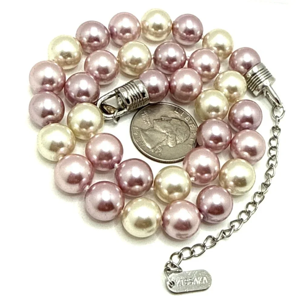 Vintage KISSAKA Faux Pearl Necklace Multicolor Pink Cream Glass Bead Strand 20